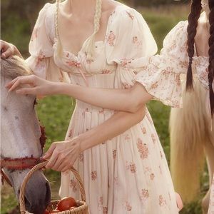 Floral Puff-Sleeve Maxi Dress in Cream with Pink Roses